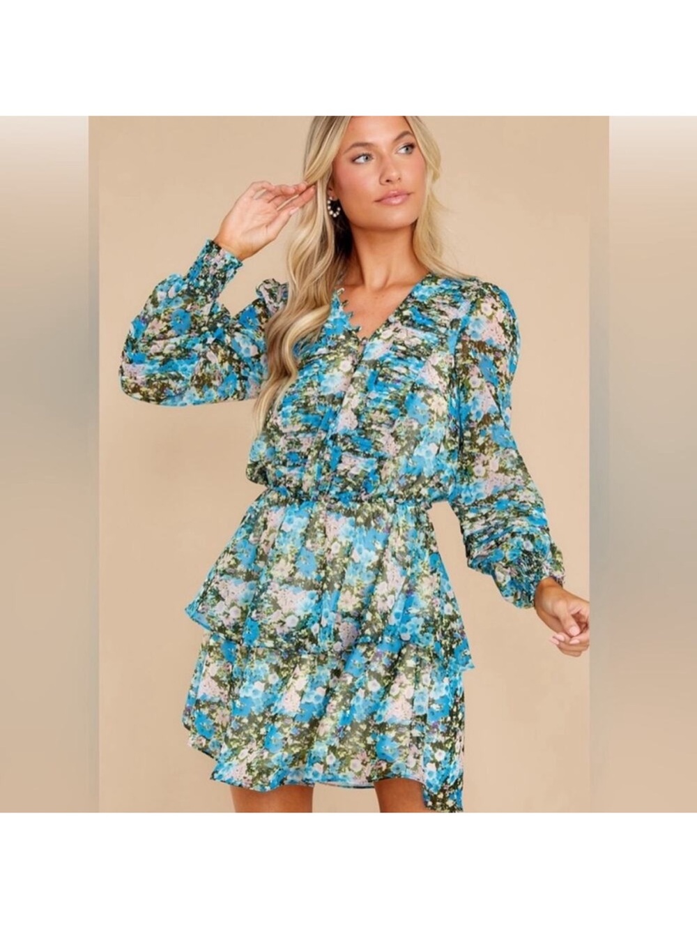 Floral Tiered Long-Sleeve Mini Dress in Blue Size M